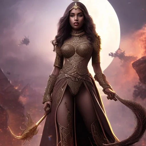 fantasy setting, insanely detailed, dark-skinned woman, indian, black wavy hair, magician,arabian clothes