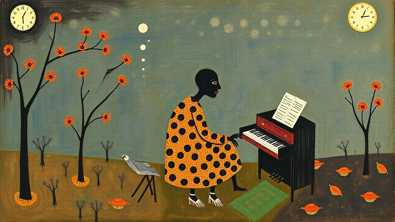 Lonely pianist, folk art surreal; mid-20th century naive art, abstract,