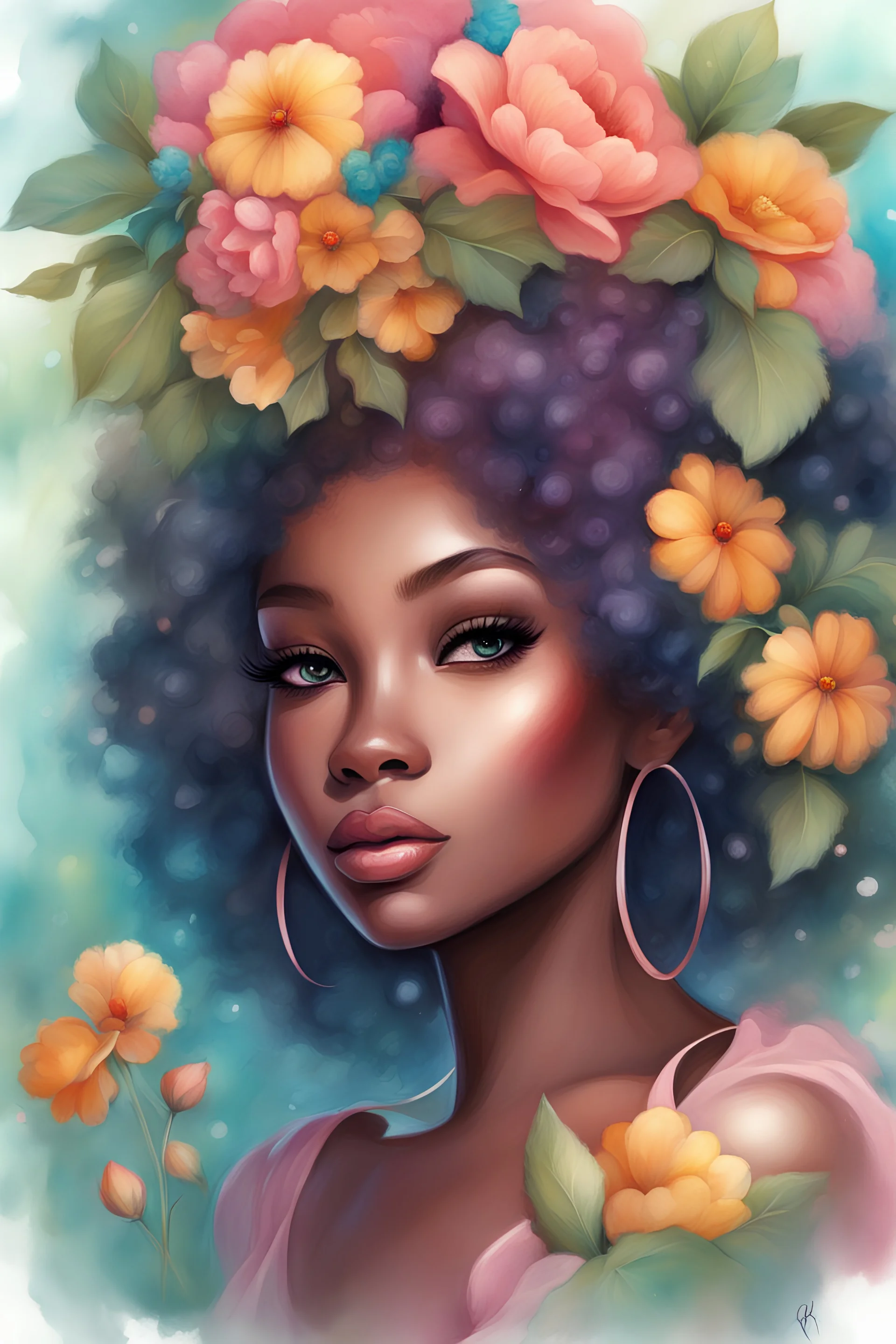 a painting of an African American woman with flowers in her hair, rossdraws pastel vibrant, beautiful fantasy art portrait, by Jeremiah Ketner, beautiful fantasy portrait, girl in flowers, woman in flowers, beautiful anime portrait, inspired by Anna Dittmann, colorful watercolor painting, watercolor detailed art, vibrant watercolor painting, exquisite digital illustration, by Anna Dittmann, stunning anime face portrait