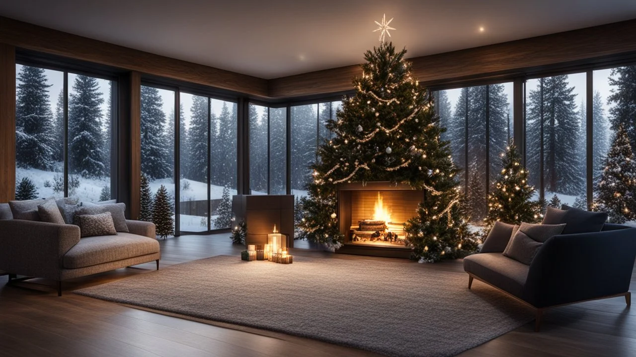 darkness,photoreal, christmas decoration in the big living room made of wood and glass elements , adorned with twinkling lights, in the living room,next to the fireplace,large windows with snowy firs outside,christmas decoration,lights off,cozy,calm,high-quality photograph,photorealistic, shot on Hasselblad h6d-400c, zeiss prime lens, bokeh like f/0.8, tilt-shift lens 8k, high detail, smooth render, unreal engine 5, cinema 4d, HDR, dust effect, vivid colors,night