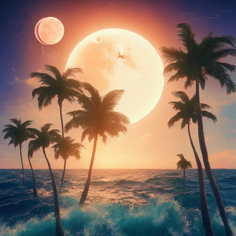 1980's vaporwave aesthetic palm trees with lightning with lunar eclipse in the ocean waves sunset