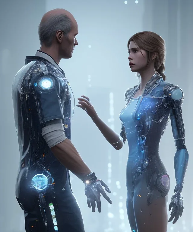 detroit become human, man, womenlooking at each other, real Handshake with both hands, sci-fi fantasy style, volumetric lighting, particales,highly detailed,cinamatic, deep colours,8k.