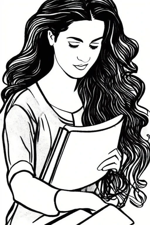 Pencil sketch of Young woman, Arab features,sad, long wavy hair, reading a book, full body، on lined paper