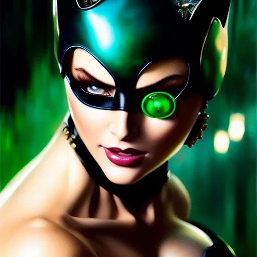 portrait 'beautiful Sexy Busty CatWoman',crystal clear green eyes,painting by gaston bussiere, greg rutkowski, yoji shinkawa, yoshitaka amano, tsutomu nihei, donato giancola, tim hildebrandt, oil on canvas, cinematic composition, extreme detail,fit full head inside picture,32k