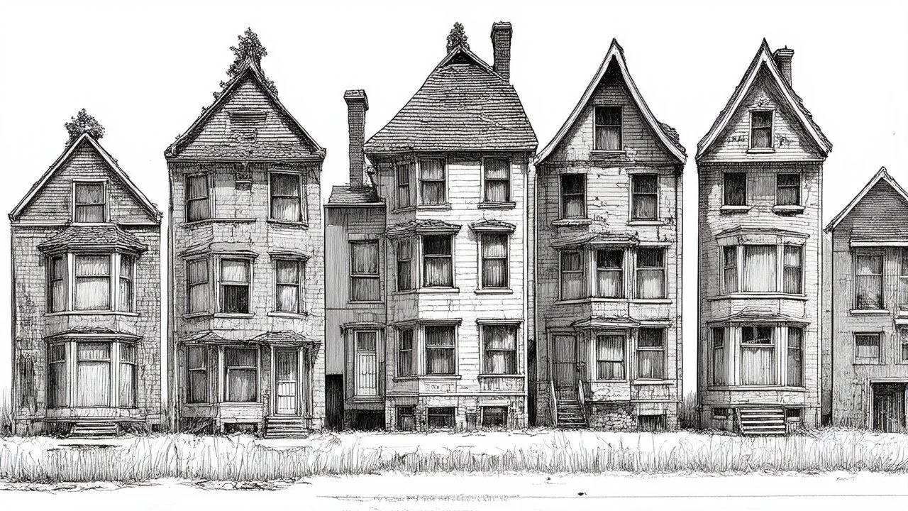 A technical front view pencil drawing of a row of neglected tall, narrow fantasy houses of different heights.