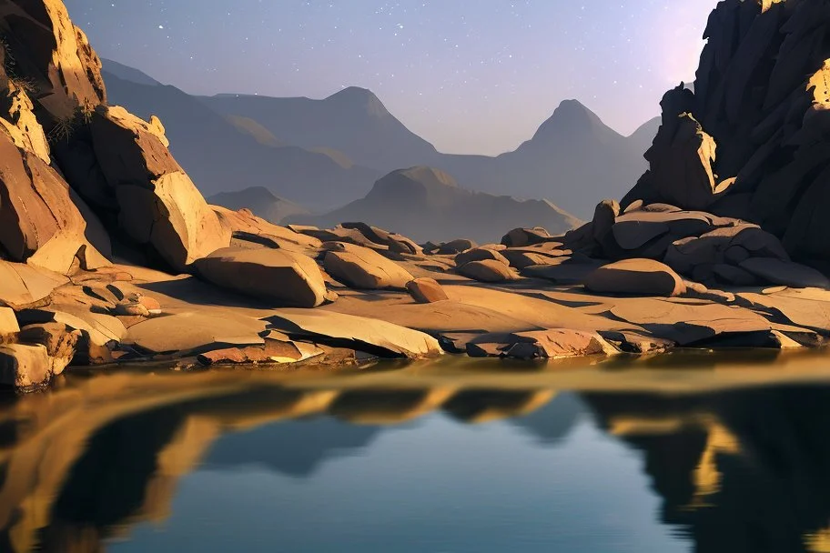 exoplanet, water reflection, rocks, vegetation, hd, movie poster