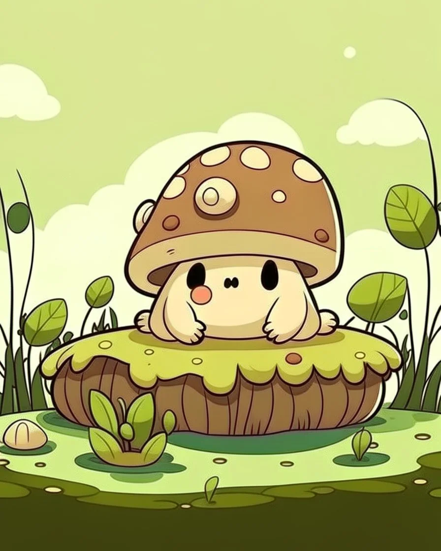 magical kawaii mushroom with a big, frowning mouth and droopy eyes, sitting on a mossy log in a quiet and peaceful forest, lost in its own thoughts, high details, forest background, cute, kawaii style, outline,