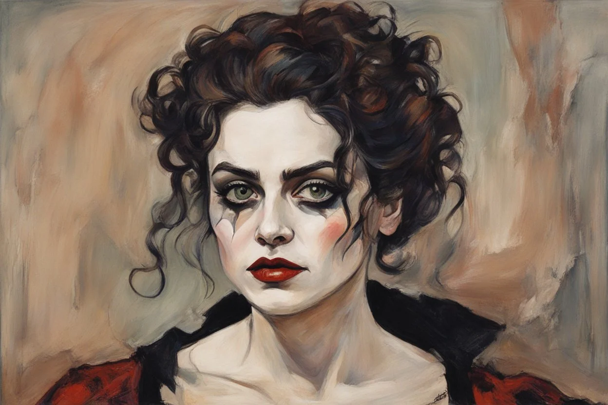 Painting of Helena Bonham Carter as a Goth vampire girl, in the Expressionist style of Egon Schiele, Oskar Kokoschka, and Franz Marc, in muted natural colors