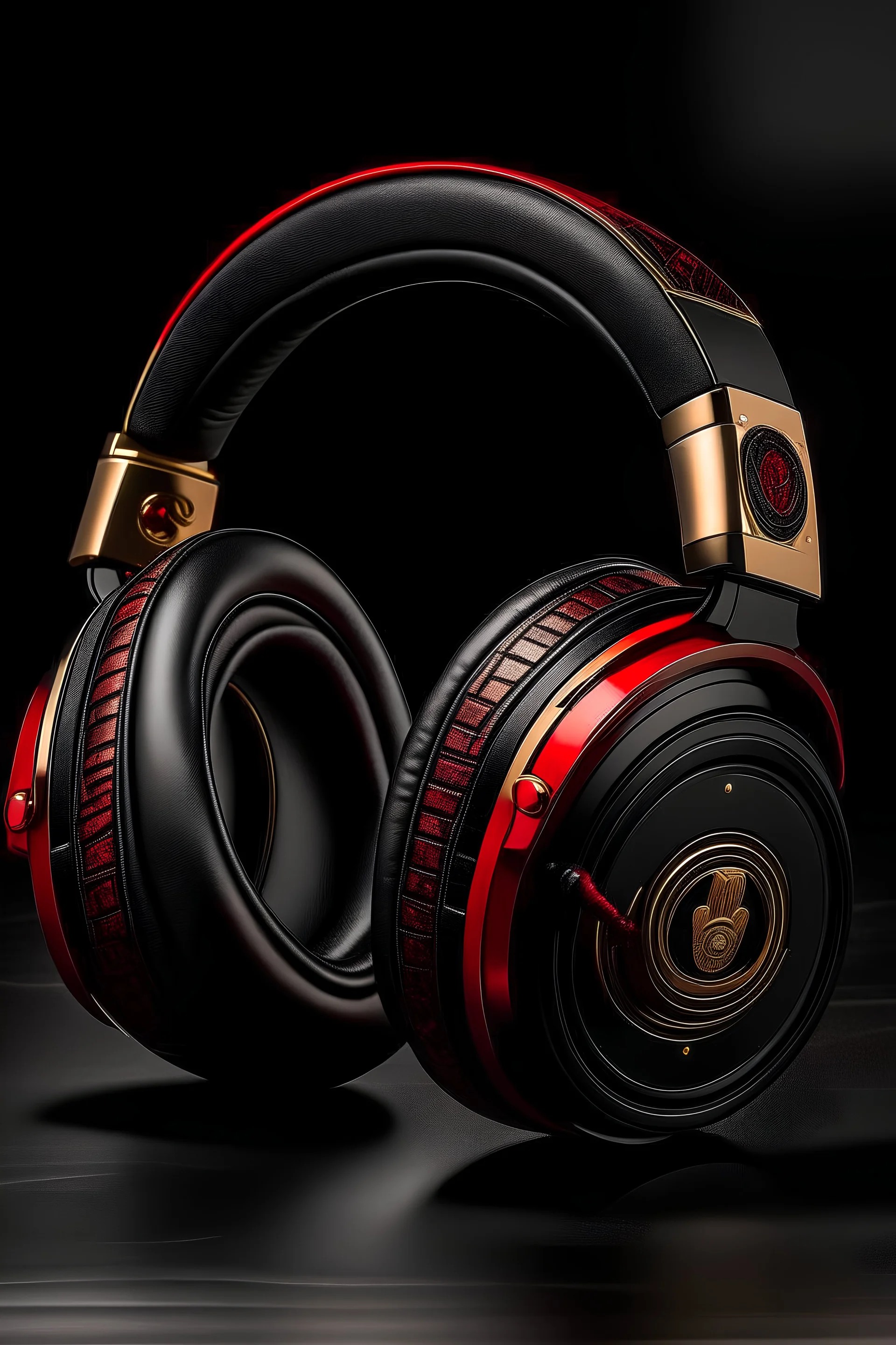 a heavy metal themed pair of wireless headphones black and red with gold accents