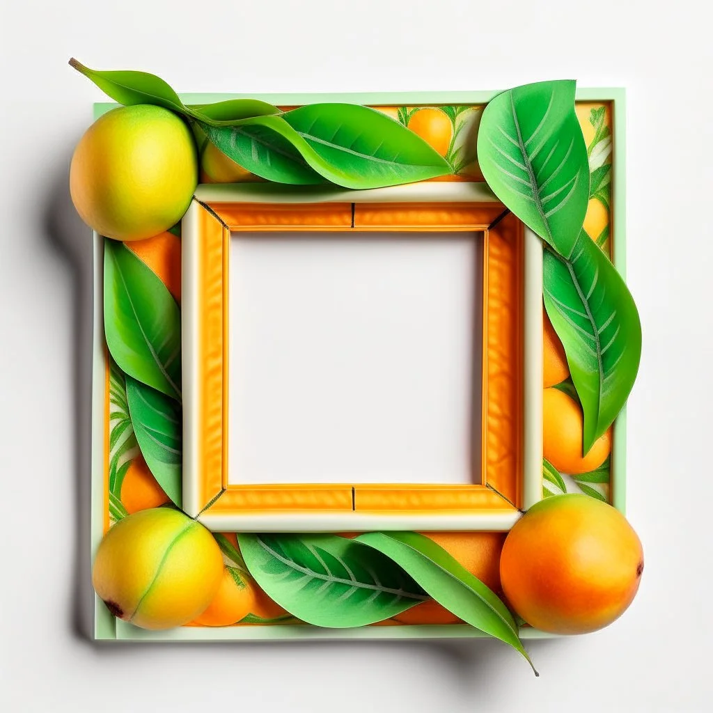 Square picture frame in the colors mango and light green leaves and some light orange, all on a light background