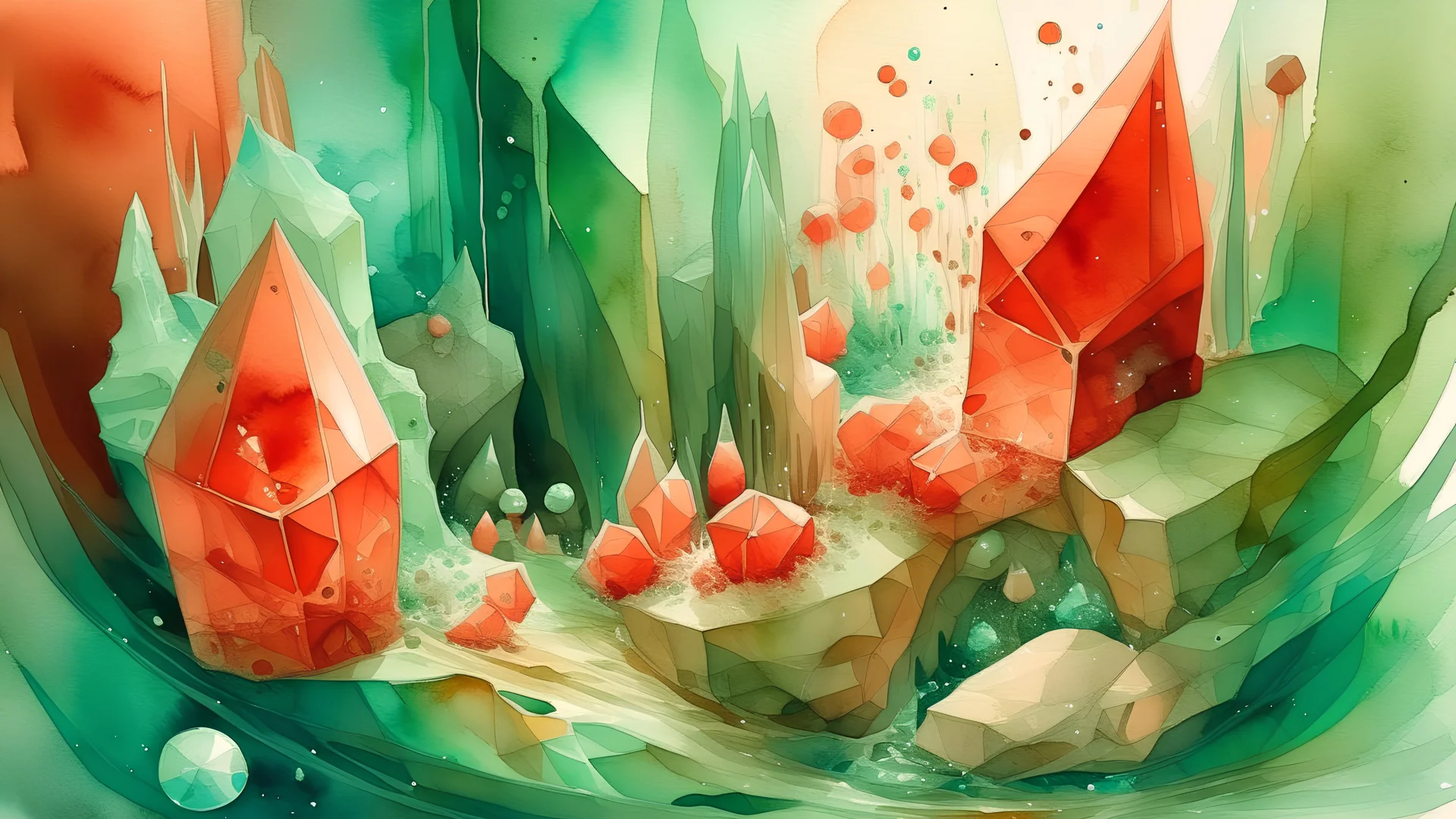 watercolor painting, Beyond the fractured cube, the parabaloid curve is surrounded by a series of sharp spheres, with sparks of ghostly light illuminating the jagged ice formations in the background., sophisticated muted-green color scheme, redscale, red light leaks, warm, bright sunlight, creative, detailed brush stroke, minimal spalsh