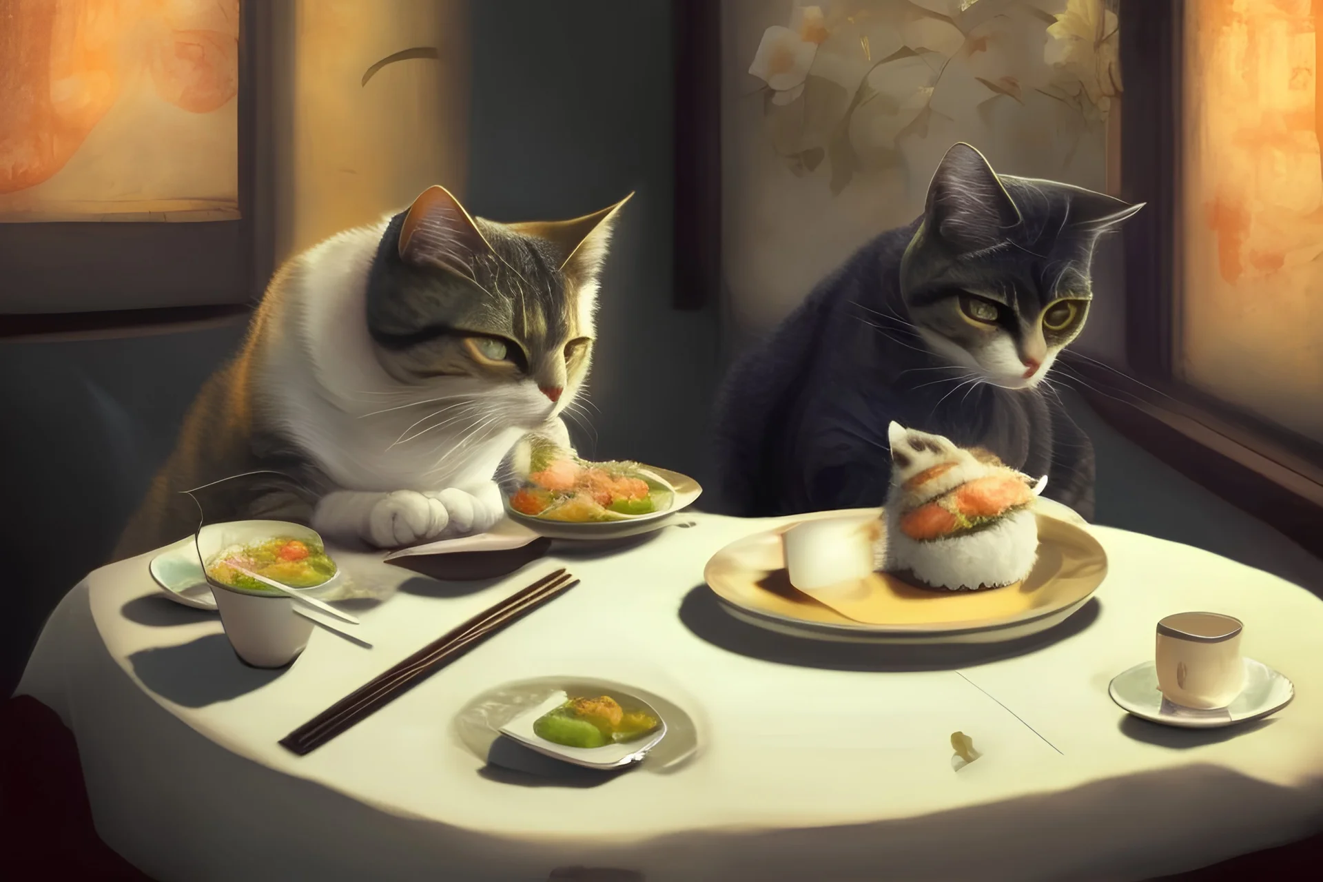 Two cats Siting at a table. Eating Sushi