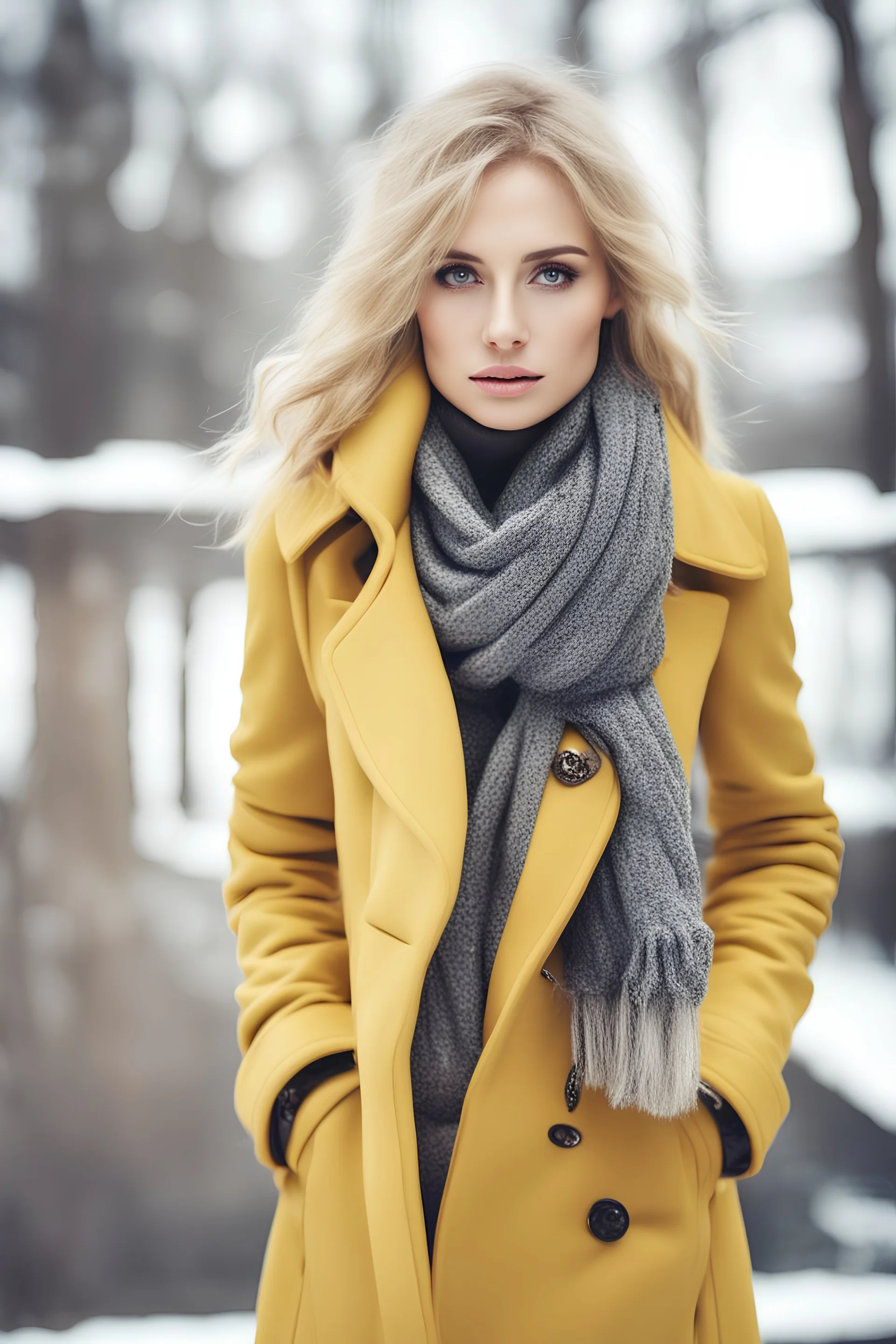 Fashion portrait of beautiful blonde woman in yellow coat and scarf. Beauty winter fashion. Advertisement concept