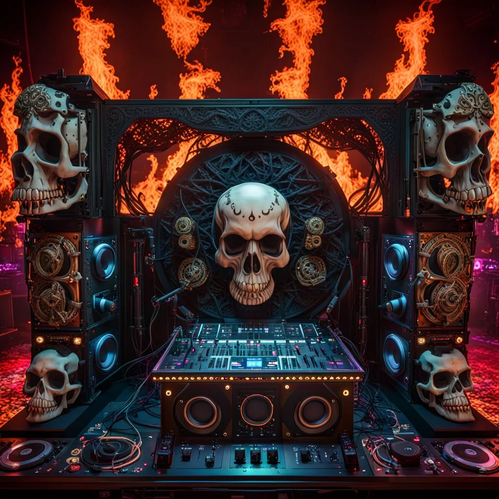 DJ of the damnded, insanely detailed DJ booth in hell, MID set, speakers and equipment made of bone, anatomically correct, add more skulls in th audience, photorealism, vray, 8k 3d, woofers in all empty eye sockets of stage equipment, wide angle, telephoto, from audience, all multicolored skulls,