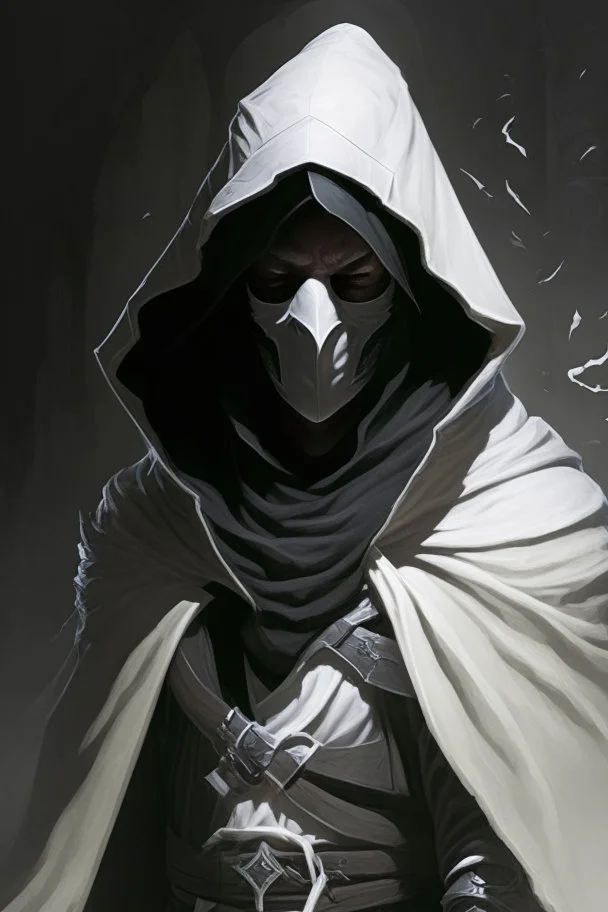 dungeons and dragons man wearing black robes and hood wearing a white mask
