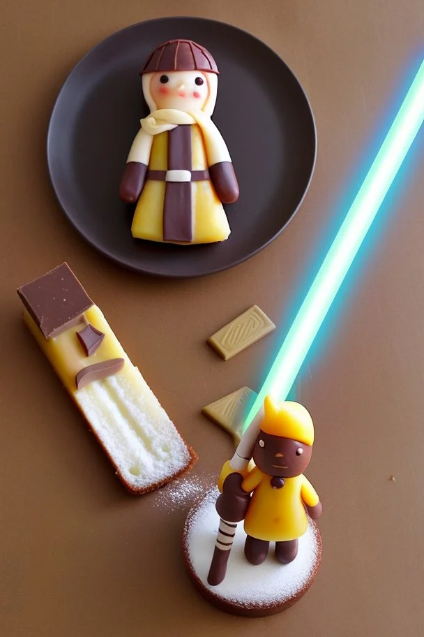 sponge cake filled with chocolate topped with a marzipan Jedi holding a lightsaber