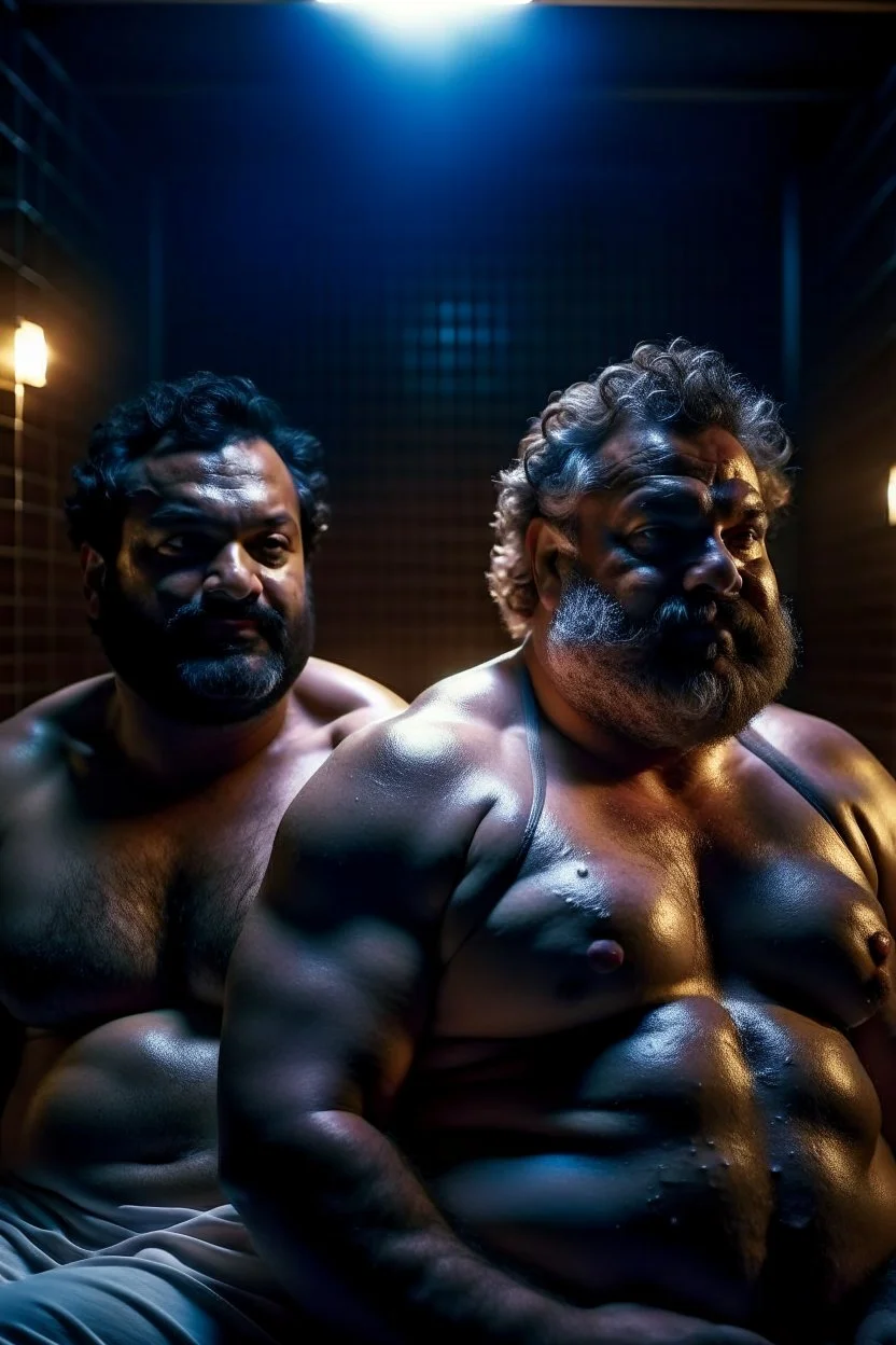 full body shot photography, two muscular chubby ugly burly marocan men , sweat, bulge, masculine hairy 45 year old man, curly hair, manly chest, curly beard ,big shoulders, big arms, big legs, bulge,, ambient occlusion , lying down sleeping in a steamy Sauna, super high resolution, 8k, dim light, side light, ultra hyper realistic, frontal view