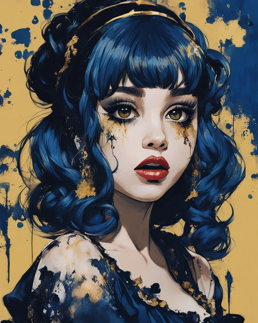 Poster in two gradually, a one side malevolent goth vampire girl face and other side the Singer Melanie Martinez face, painting by Yoji Shinkawa, darkblue and gold tones,