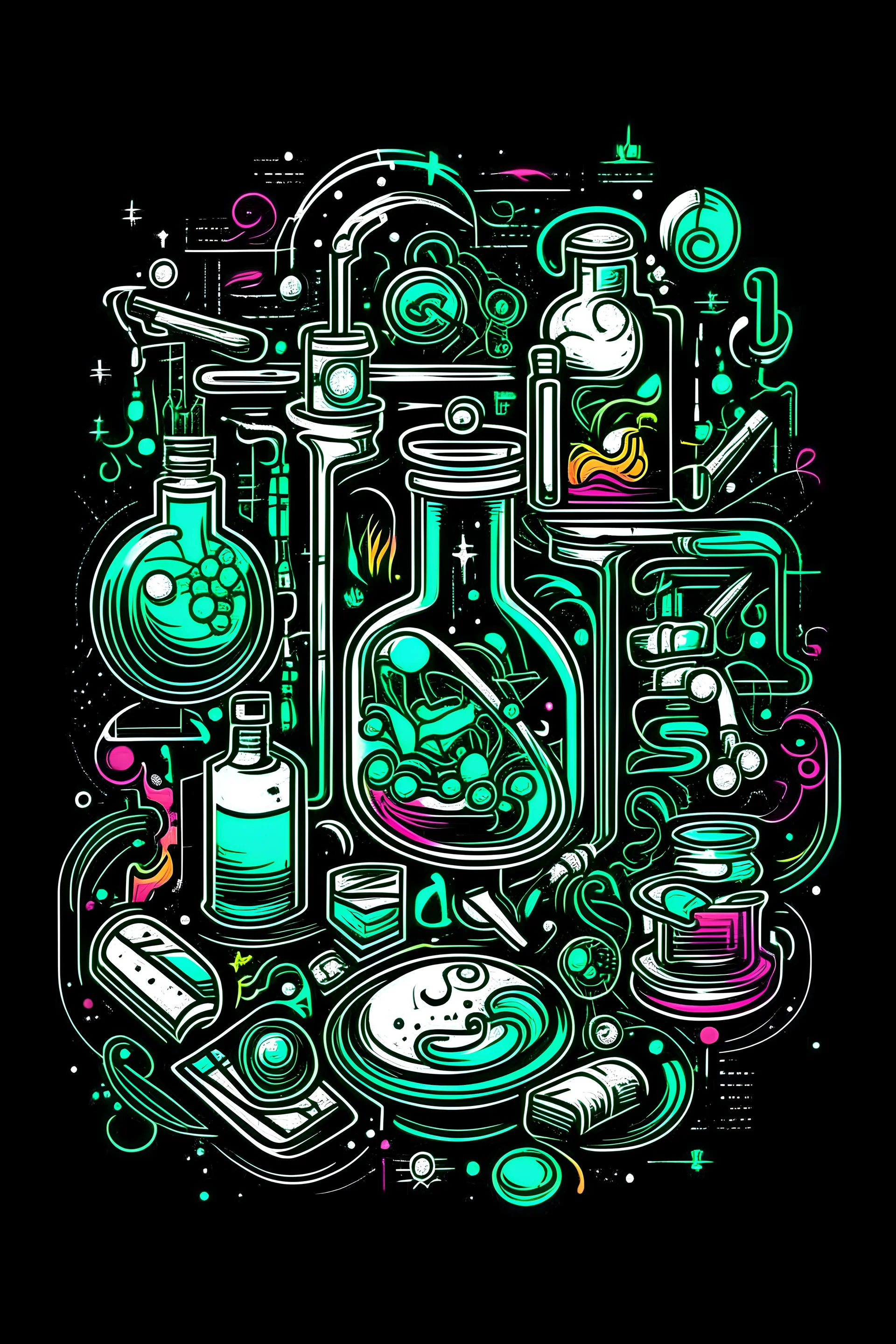 print a T-shirt for the MIPT laboratory, which deals with structural biology. you can depict proteins: membrane, fluorescent. use the doodle style