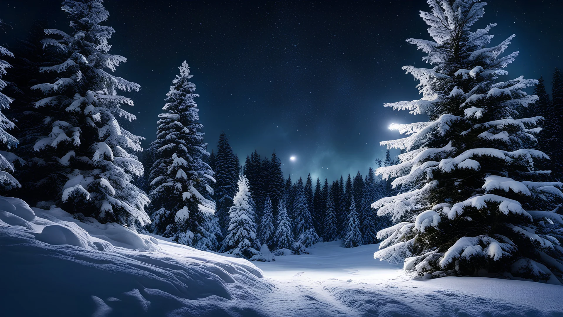 christmas time,photo of a snowy fir forest,christmas magic, midnight hour,fireflies,reflections,8k, volumetric lighting, Dramatic scene