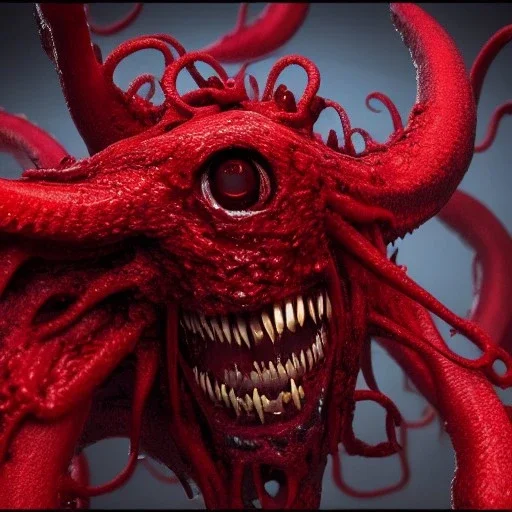 red, tentacles, a lot of eyes, teeth, monster, horror, blood, huge, scary, hyperrealism, gore, masterpiece, expert, volumetric lighting, deformed, sharp focus, 8K