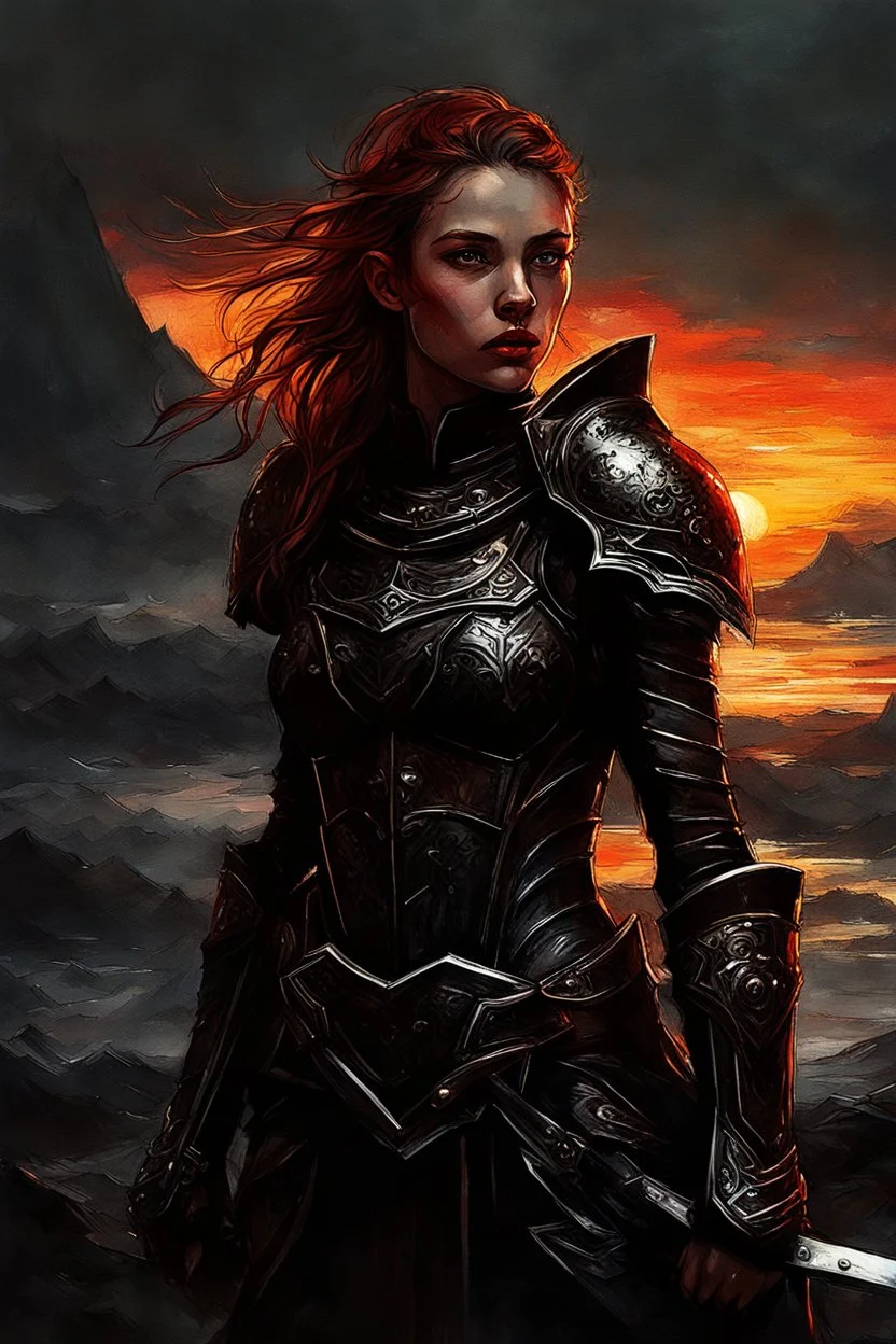 A formidable warrior girl in black armor, on the background Amazing gloomy landscape, flooded with sunset, mountains, trees, fabulous scary hero, , juicy emotions, painting, dark fantasy, bad weather, gloomy day, dark world, by Raymond Swanland & Alyssa Monks & Anna Razumovskaya & James Paick