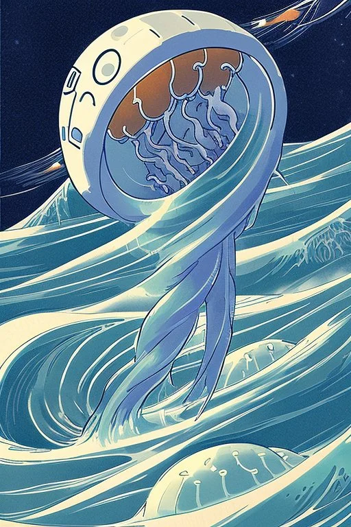 An astronaut floating in space surrounded by a halo of glowing jellyfish, done in the style of Hokusai's The Great Wave off Kanagawa