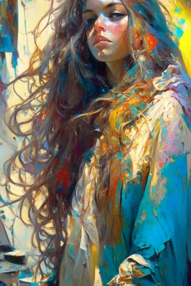 A bohemian artist with long, wavy, ombre hair and expressive, hazel eyes, wearing a paint-splattered smock and surrounded by her colorful, abstract artwork in a sunlit studio, in the style of Aleksi Briclot, Charlie Bowater, Dean Cornwell, and Pino Daeni