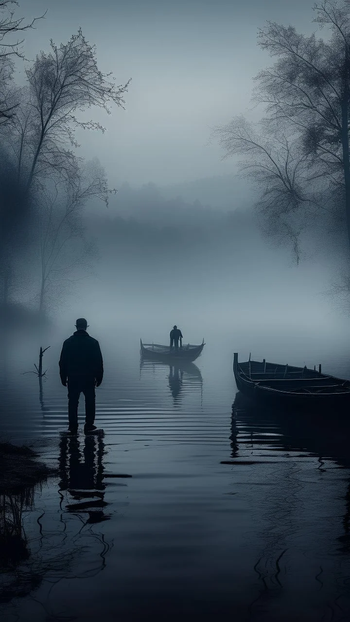 A mysterious man in black standing by the foggy lake black vein, human veins, mixing together a lot of them, like a forest, big and small veins a lot of them. A mist, show a small boat in a man in dark is coming in dark foggy distance and another man is standing on the water bank