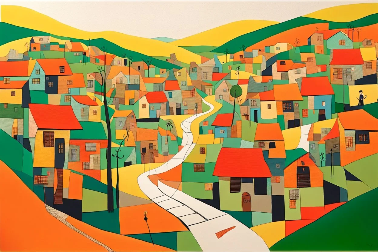 whimsical arafed nonsense, patchwork vibe, acrylic and ink painting of a cozy village main street on undulating hills with color (((minimal))) sketches of village people with (((extremely long limbs))), (((oversize head))), sharp color contrasts, amazing shadows, (((exaggerated limbs and head))), minimal cozy, warm palette, bright bold warm summer green yellow orange black colors, color leak, sparse bright orange-red splinters, heavily distorted views, amazing parallels, amazing reflections