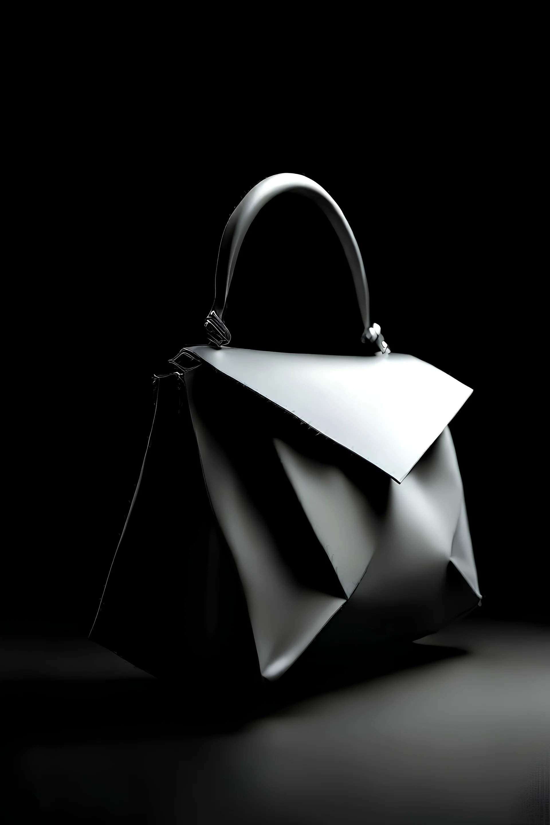 CREATE AN IPERREALISTIC AND REAL HANDBAG INSPIRED BY GEOMETRIC ORIGAMI, MUST BE ELEGANT AND FOLDABLE.