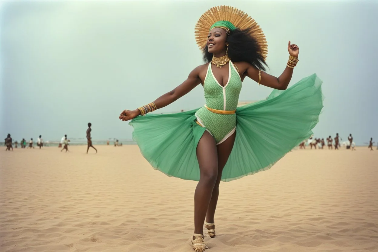A surprised Niger sublime dancer woman, 24-years-old wearing a white and green one-piece swimsuit , dancing gracefully with a walking orchestra, the overcast sky in the background, vintage 1980's photo