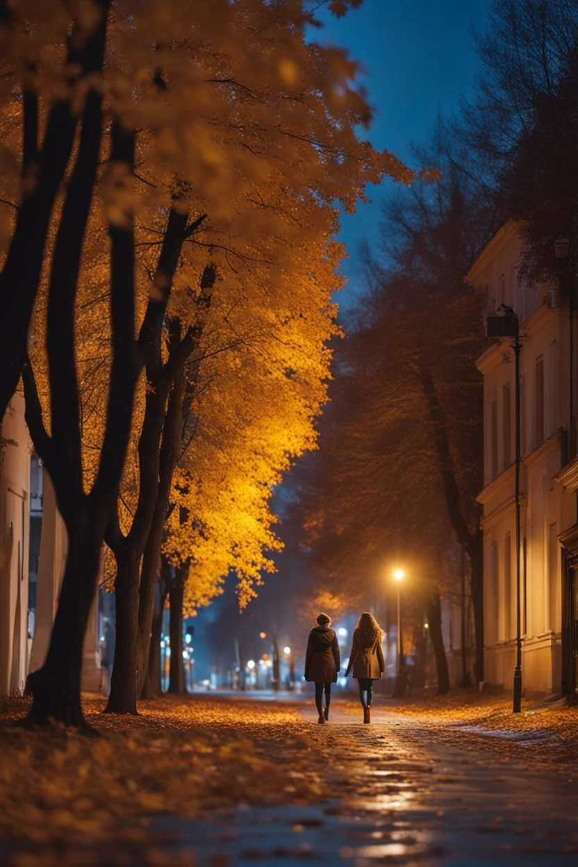 night yellow lights over the street trees autumn leaves under feet ,a Student adult girl with books in her hand walking in street looking to camera a boy who loves her flowing her from distance back