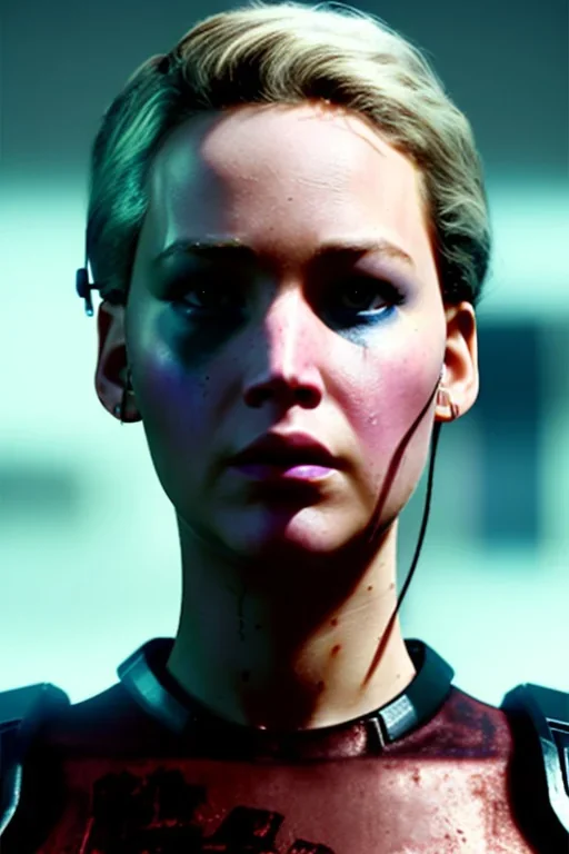 A portrait post-apocalypse cyborg Jennifer Lawrence in a cyberpunk city, sci-fi fantasy style, 8k, volumetric lighting, particales,highly detailed,cinematic, deep scars on face,deep colours.