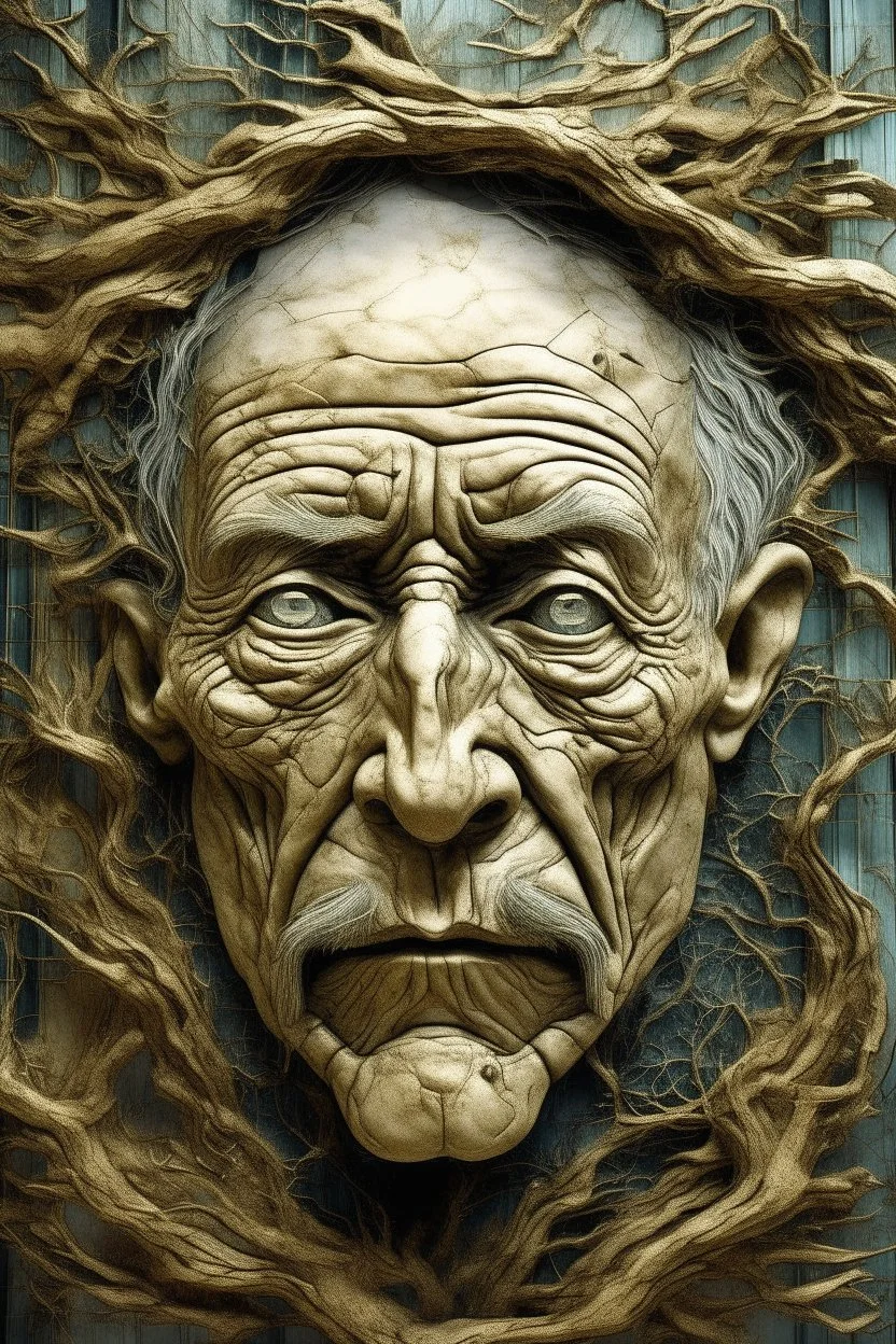 surrealis monochrome A fragmented, surreal sculpture liguid color of photorealistic image 3d,psychedelic art of an old man face glossy emerging from dreamlike a crumbling building. The face appears pale with deep cracks and intricate details, evoking a haunting expression. Blackened tree branches intertwine with the gold mengkilat cracks, set against a backdrop of stormy, cloud-filled skies. bauhaus art The overall tone is dark and moody, suggesting themes of decay and transformation. Include