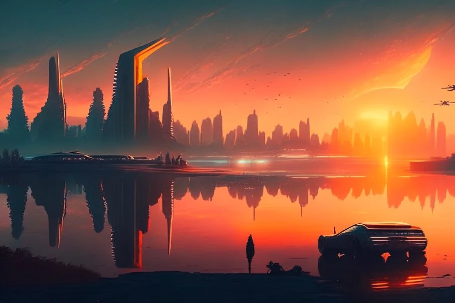 distant city, cars, sunset, lake, sci-fi, epic