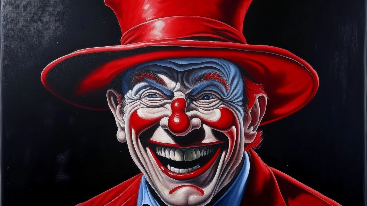 A clown with a red hat whose face splits into articulated panels showing different versions of his mouth: closed, smiling, smoking, open. Painted in hyperrealistic acrylic with theatrical shadows.