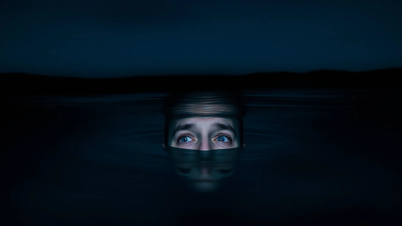 A Man Sinking Face With Only Head & Eyes Are Appearing And The Rest Body Is Sank Under The River Water At Night (Dark Blue And Black Sky) In The Middle Of Nowhere.