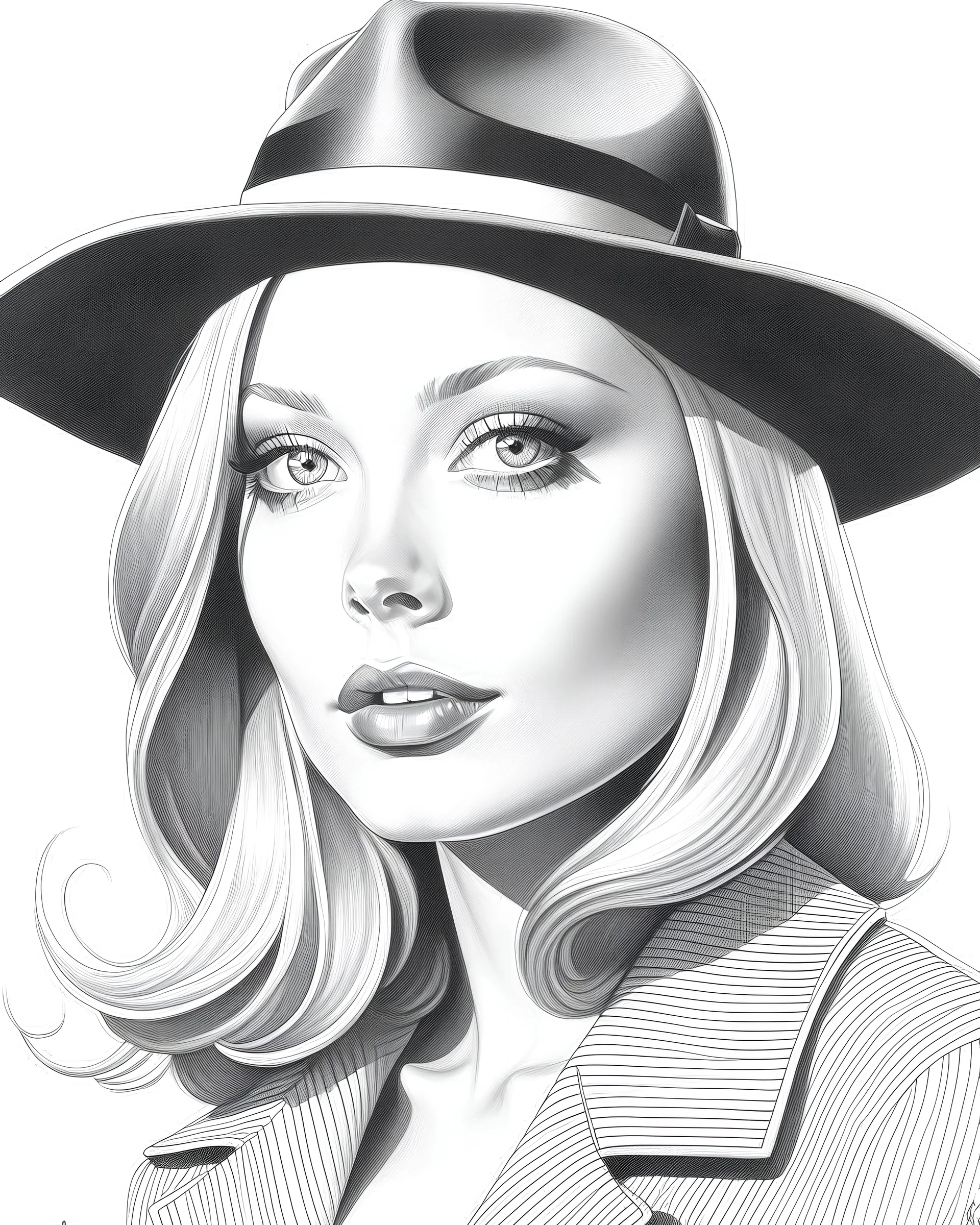 Beautiful black and white pencil drawing of actress, Faye Dunaway. She is 25 years old. She is wearing a suit open at the neck with no blouse. She has blonde hair in a bob. She is wearing a black beret. She is looking at the viewer. Her lips are closed.