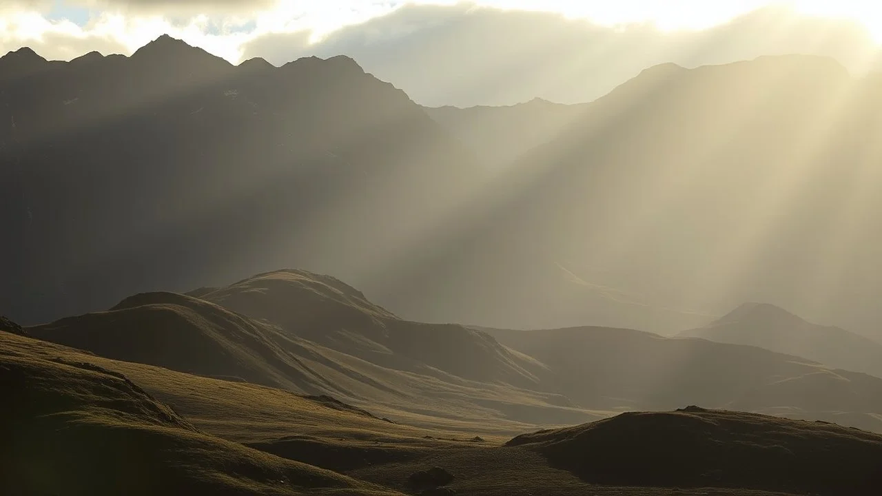 Mountainous landscape on Kerguelen, dramatic sunlight, chiaroscuro, beautiful composition, award-winning photograph