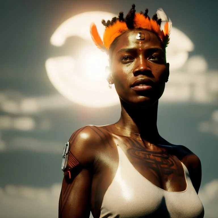 A beautiful portrait of a cyberpunk cyborg black tribal woman with lot's of grain on her skin and big tribal tatoos all over the skin, with natural hair floating in the wind cyborg smiling facing camera orange color scheme, high key lighting, volumetric light high details with white stripes and feathers unreal 5, octane render, cinema4d, dynamic lighting, dramatic lighting, 4k, redshift render, highly detailed, hyper realistic