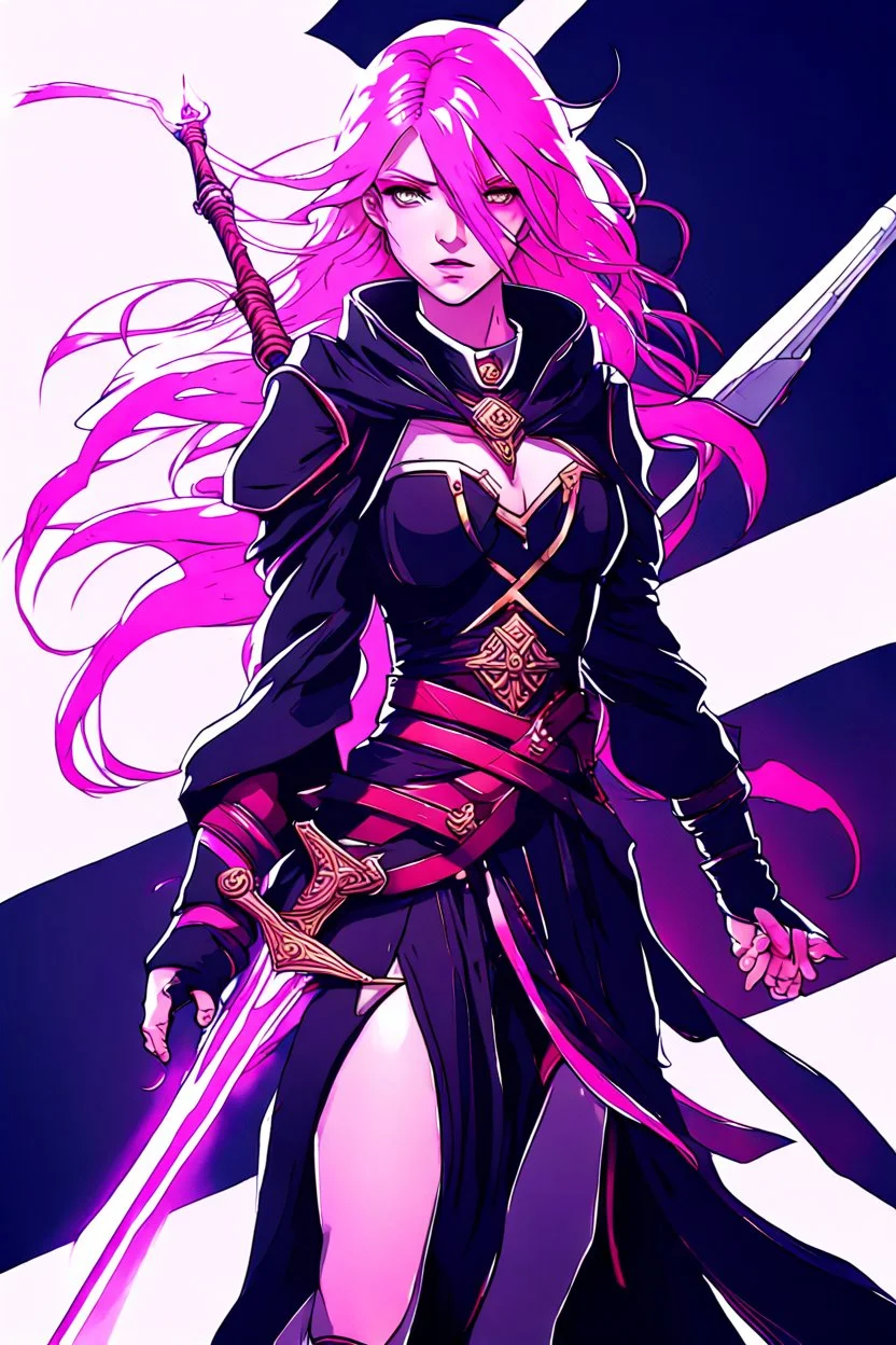 A exalted female archmage, her black robes and long pink hair shining in the light, her greatsword held firmly in her hands as she strides forward, her red eyes blazing with a fierce intensity, levitating above enemys , dodging enemy fire, 4K,