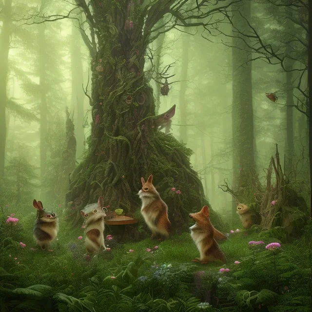 woodland animals standing around a black-robed, hooded figure in a beautiful forest, trees and flowers, 8k resolution, high-quality, fine-detail, iridescent, intricate, digital art, detailed matte, volumetric lighting, beautiful, illustration, 3D octane render, margaret weiss, brian froud, howard lyon, selina french, anna dittmann, annie stokes, lisa parker, greg rutowski,