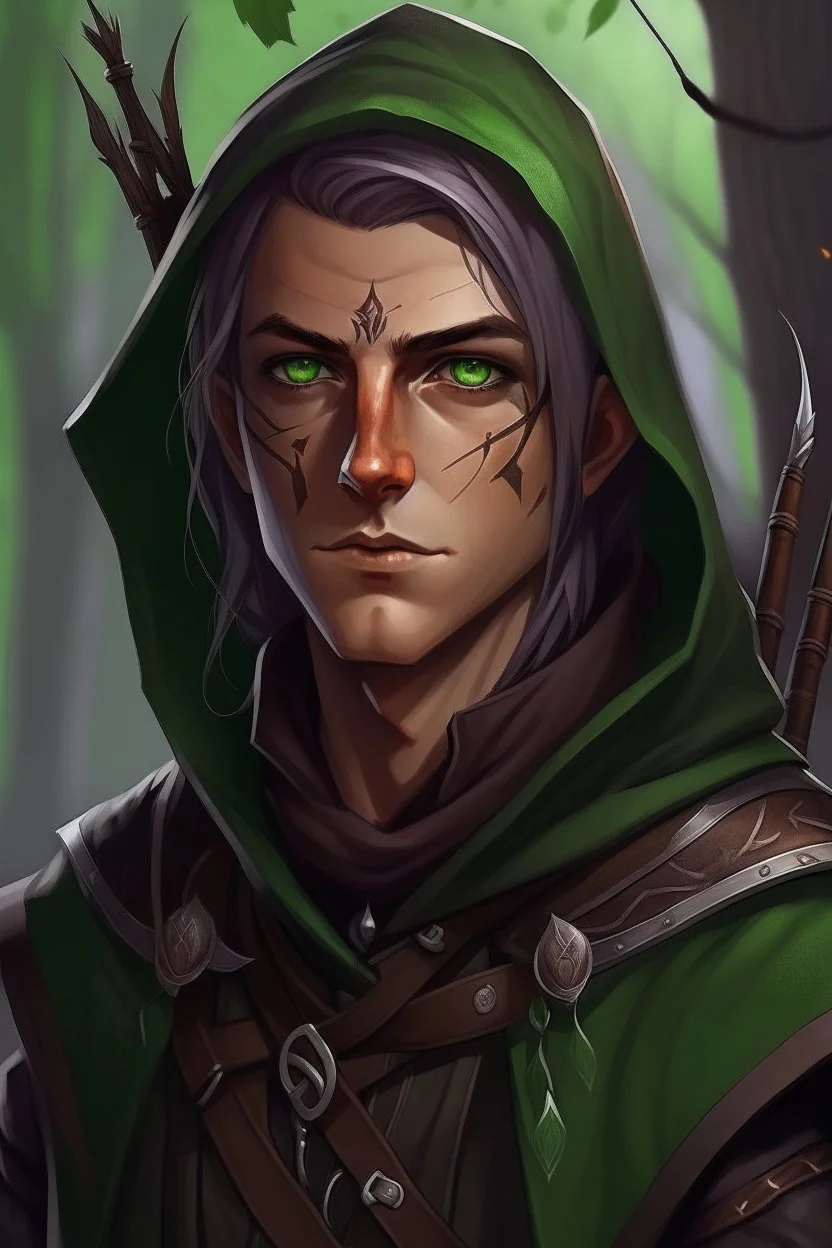 Portrait of 35 year old gender neutral rogue elf, thief assassin, messy mauve hair, bright green eyes, brown skin, black hood, black leather armor, messy, disheveled, trees, sneaky, bow and arrows, long and lean