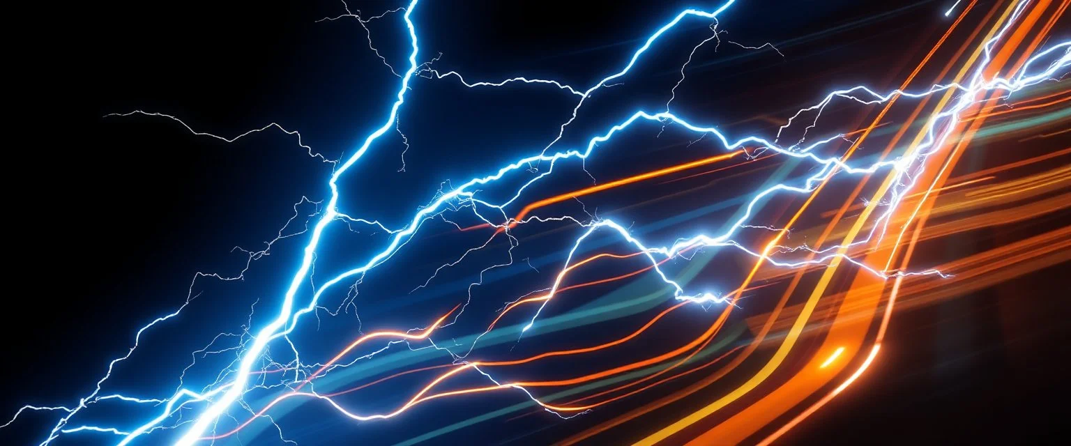 lightning and electricity streaming across composition left to right, behind is a bunch of stripes inspired by modern wrap graphics to convey speed