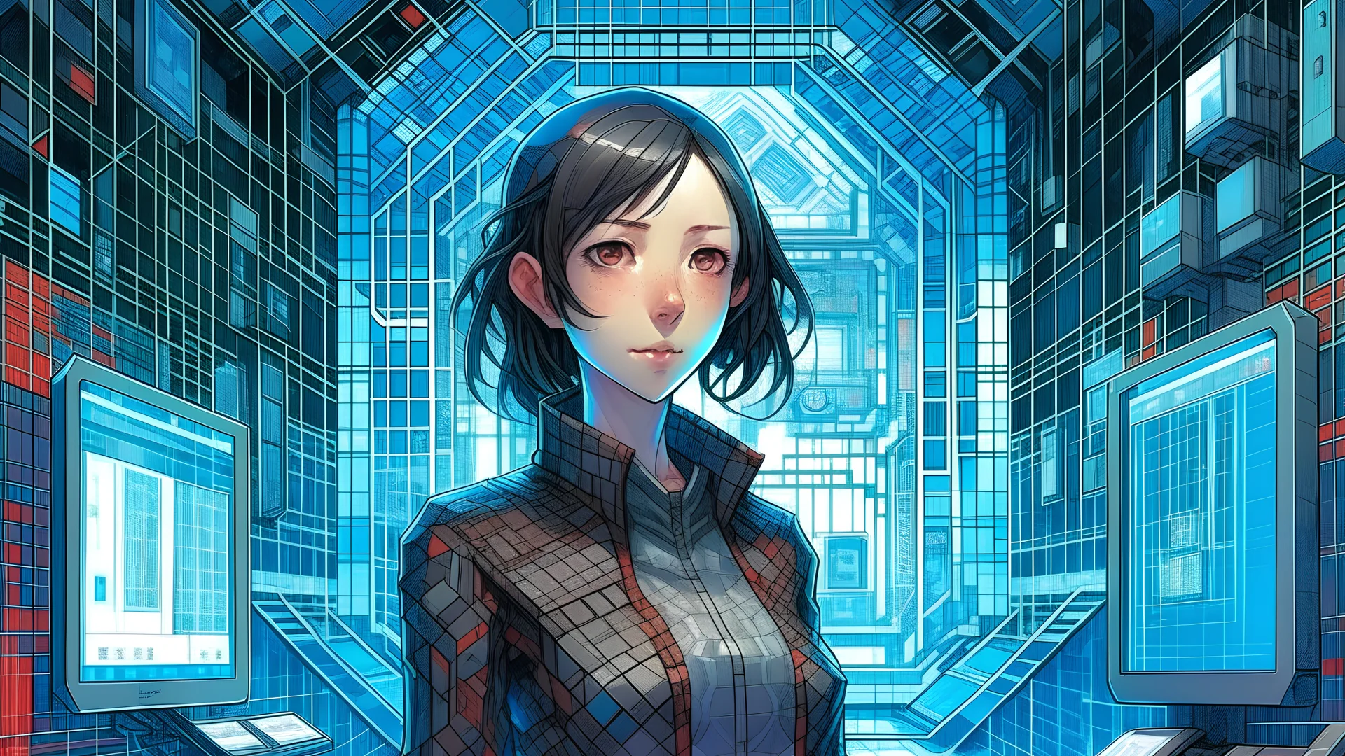 An illustration by Monet and Miyazaki of a tech-girl inside a futuristic matrix-grid.