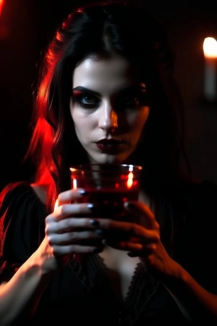 4k full details full lights femme vampire, yeux rouges, tient un verre en main avec du sang