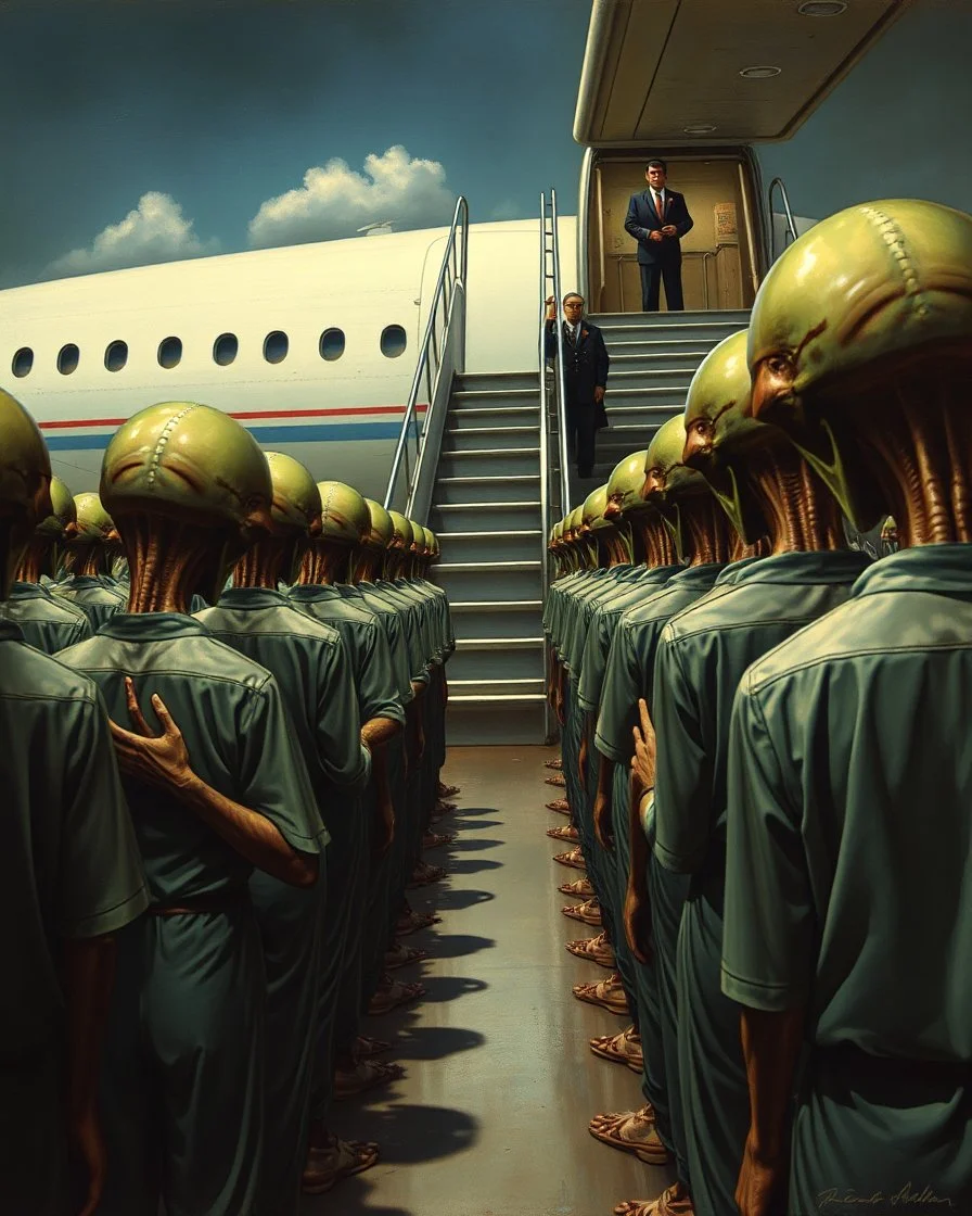 Bosch painting style , a aliens prisoners in rows with hands tight to the back and heads down are taken to a commercial airplane stairs by guards with in the background