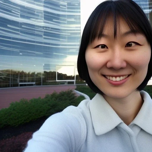 A short haired, Japanese female software engineer from MIT taking a selfie in front of Building 92 at Microsoft in Redmond, Washington