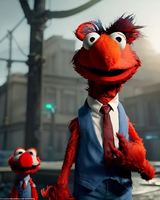 hybrid character, Elmo muppet head, realistic man body, human arms and hands, Shirt and tie, concept art, smooth, unreal engine 5, god lights, ray tracing, RTX, lumen lighting, ultra detail, volumetric lighting, 3d, finely drawn, high definition, 4k.